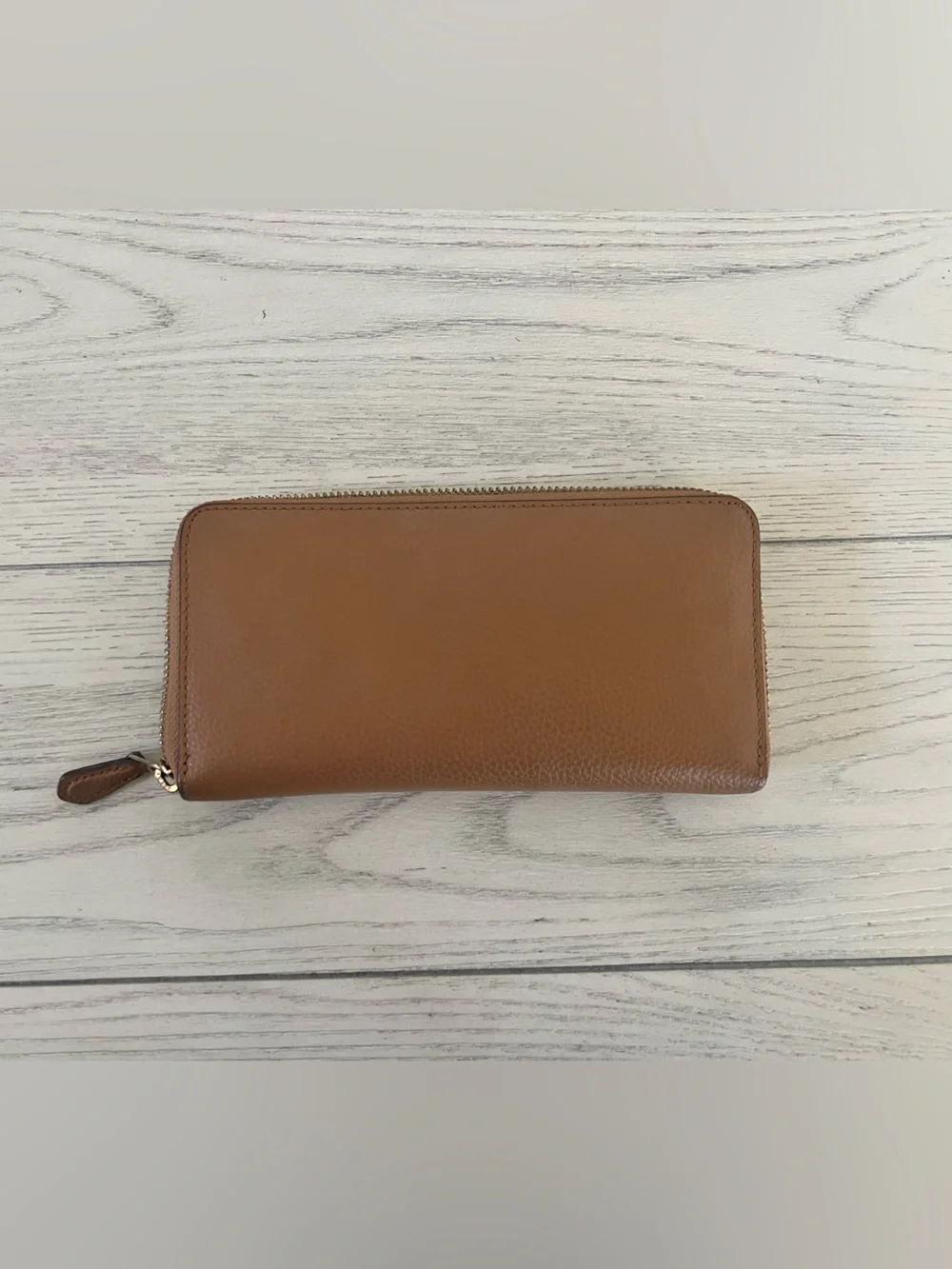 Coach Tan Pebbled Leather Zip Wallet with Gold Logo